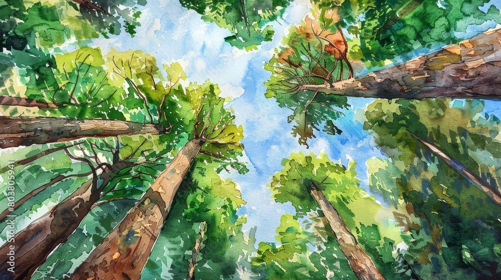 Obraz premium Watercolor view from beneath towering trees, looking up towards the sky, the perspective emphasizing the grandeur and calm of nature