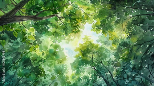 Watercolor scene of a canopy view within a rich forest  looking upwards at the sky through layers of vibrant green leaves