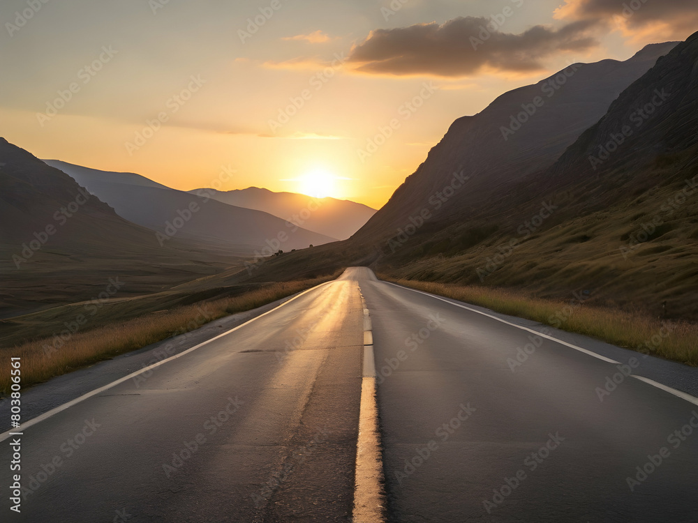 sunset on the road. road, highway, sky, sunset, landscape, travel, nature,Ai generated 