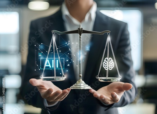 A businessman holds the scales of justice with one side showing an AI icon and brain photo