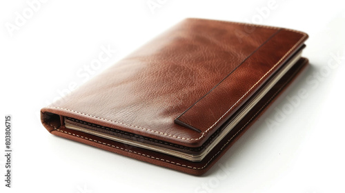 Black leather wallet with banknotes inside isolated on white background.