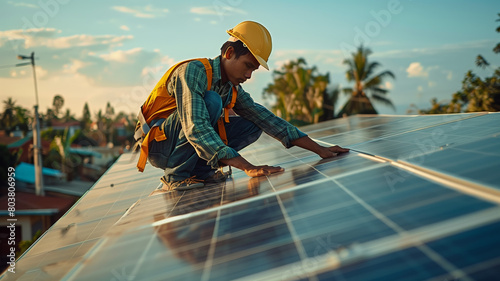 experienced handyman diligently installs solar panels on the rooftop, harnessing the power of the sun to illuminate the path towards sustainable energy solutions photo