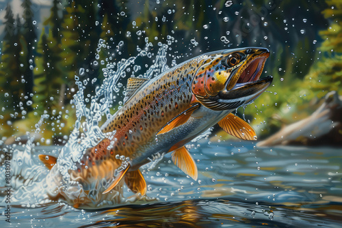An epic painting of the rainbow trout leaping out from stormy waters, with sunlight shining through clouds in the background. Created with Ai