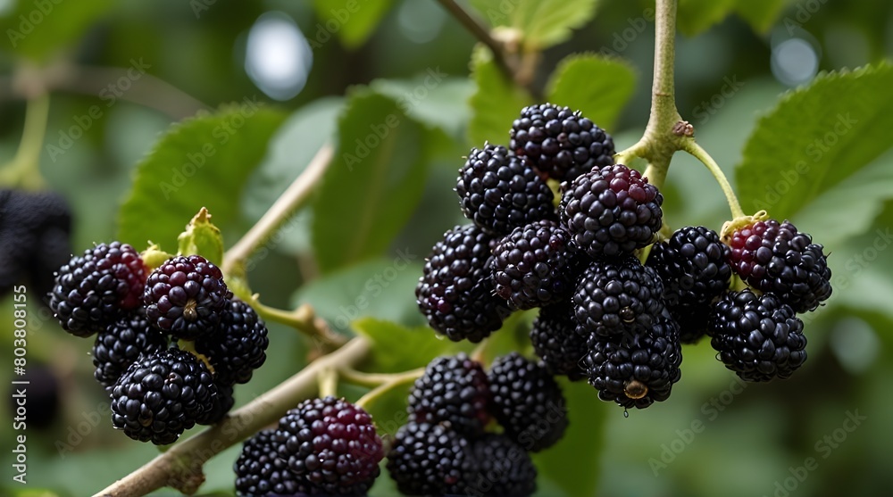 Harvest of ripe black mulberry on a branch in the garden.generative.ai Harvest of ripe black mulberry on a branch in the garden.generative.ai