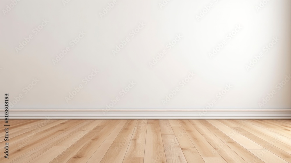 Empty room with wooden floor and white wall.
