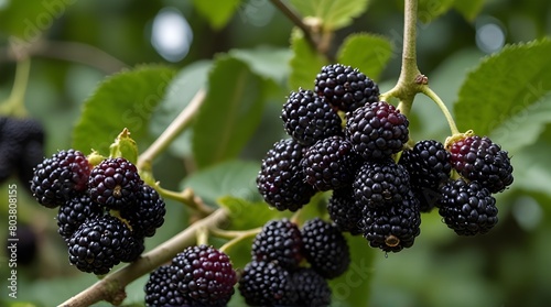 Harvest of ripe black mulberry on a branch in the garden.generative.ai
