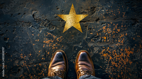 A golden star on a textured black ground with a pair of business shoes at the top, Concept of Business success, achieving personal and career goals.