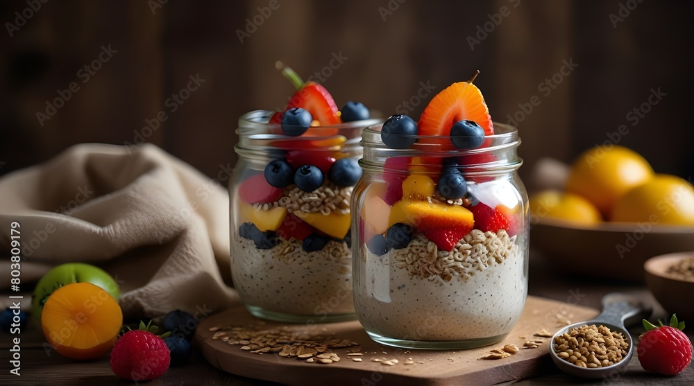 Healthy diet breakfast Overnight oatmeal with chia seeds.generative.ai