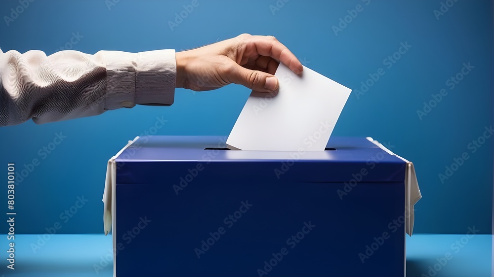 A hand putting a voting paper into a ballot box during the European Union election is shown against a blue backdrop with copy space. A hand putting a voting paper into a ballot box during the European Union election is shown against a blue backdrop with copy space.