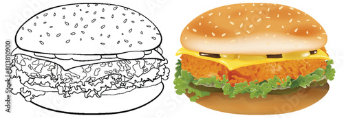 Two burgers, one realistic and one sketch, side by side.