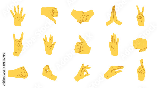 A set of hand gestures demonstrating different emotions. A set of reactions for different situations. Signs conveying mood for social media. Language of the deaf and dumb. Vector illustration