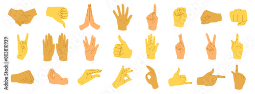 A set of hand gestures demonstrating different emotions. A set of reactions for different situations. Signs conveying mood for social media. Language of the deaf and dumb. Vector illustration photo