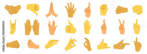 A set of hand gestures demonstrating different emotions. A set of reactions for different situations. Signs conveying mood for social media. Language of the deaf and dumb. Vector illustration