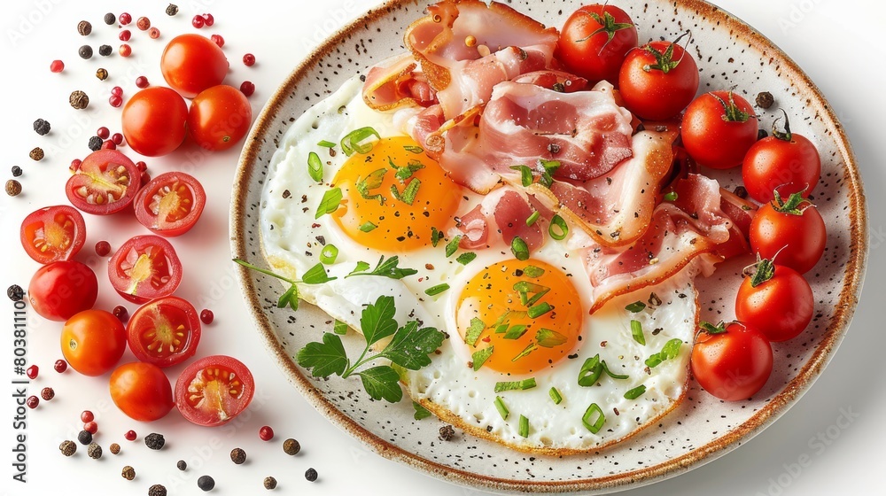 A delicious breakfast of bacon and eggs with fresh tomatoes and parsley on a white plate. A delicious breakfast of bacon and eggs with fresh tomatoes and parsley on a white plate.