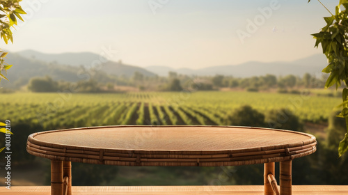A round wooden table with a view of a vineyard