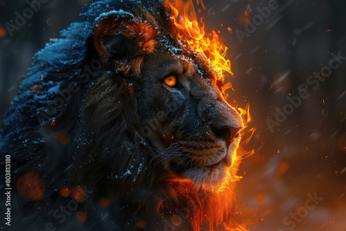 Lion with fire, glowing eyes. Created with Ai