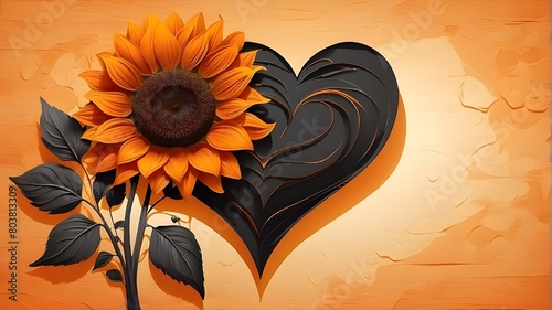 Halloween Sunflower High Quality Illustration, classic sunflowers with vivid orange and yellow petals, close-up of sunflowers on a black backdrop,vines and flowers on a matt black background,Sunflower