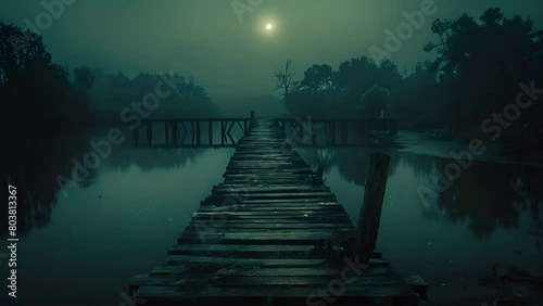 A wooden dock extending out into a body of water with a full moon rising in the background and trees on the shore photo