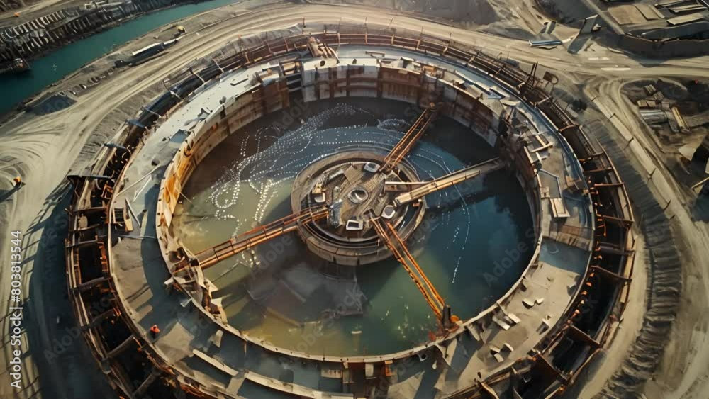 An aerial view of a large concrete structure with a blue liquid inside An aerial view of a large concrete structure with a blue liquid inside