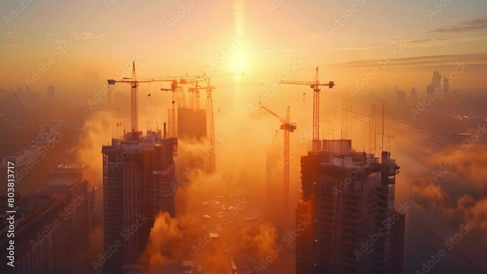 An establishing shot of a city skyline with a focus on a few skyscrapers under construction. An establishing shot of a city skyline with a focus on a few skyscrapers under construction.