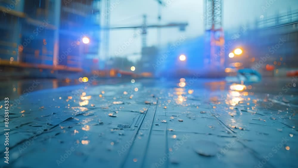Raindrops falling on blueprints with construction site and and yellow ...