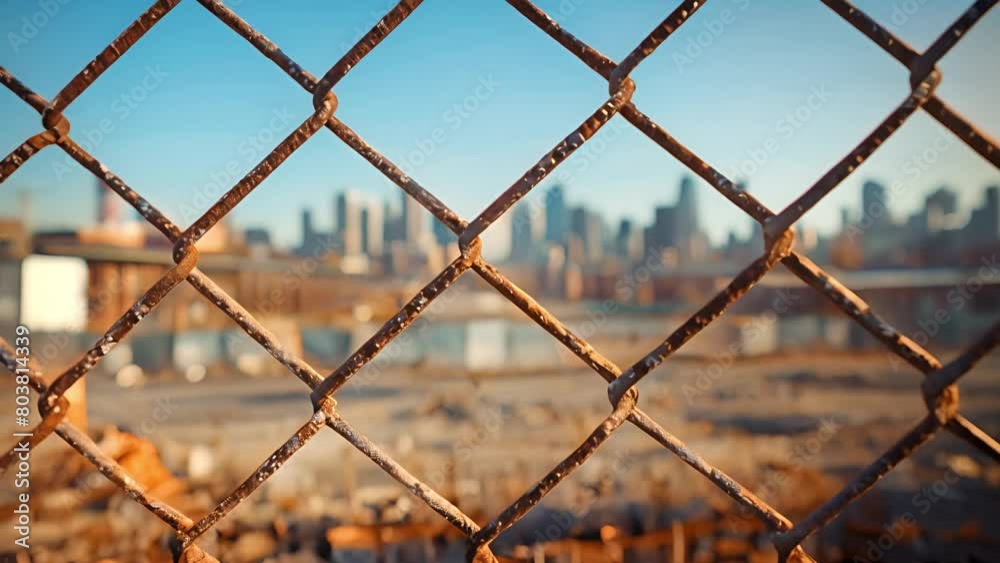 rusty chain link fence in front of an out of focus urban skyline rusty chain link fence in front of an out of focus urban skyline