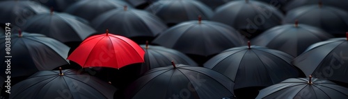  Array of Black Umbrellas with One Distinct Red One Illustration