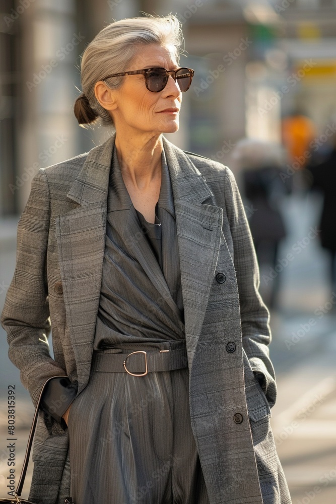 Mature woman sporting chic street wear, exuding sophistication on a city street