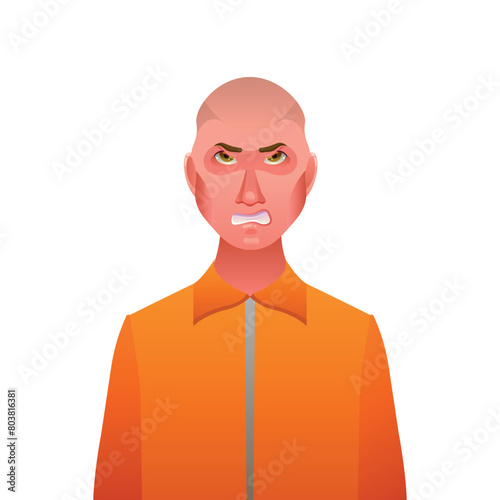 Angry male criminal in prison uniform on isolated background. Serving a prison sentence for a crime. Vector illustration of a rapist, fraudster, murderer.
