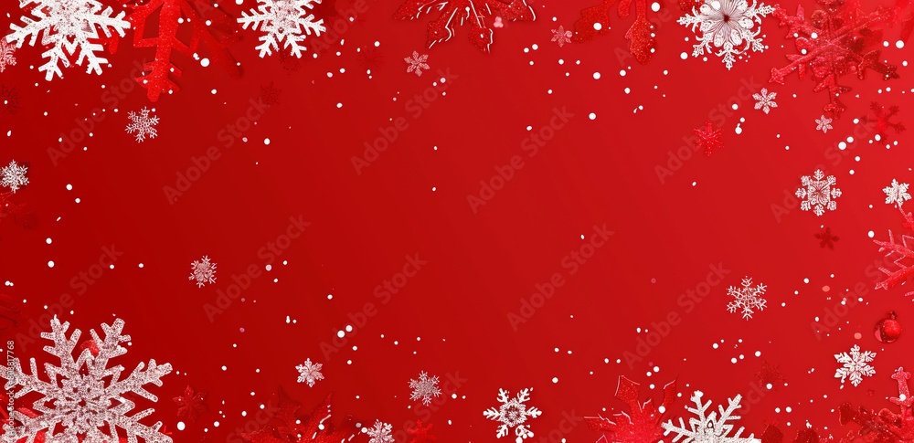 Holiday season with a red-themed background illuminated by serene white snowflakes, evoking a sense of joy and celebration