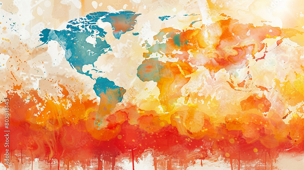 Fototapeta premium Illustrative depiction of global warming with a world map showing hot zones, influenced by La Nina events, next to a boiling Earthwatercolor illustration