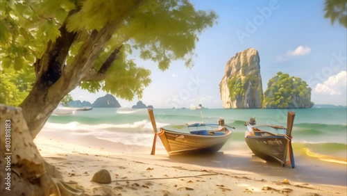 video Tropical beach with traditional long tail boats in Kho Poda, Krabi, Thailand photo