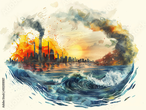 Realistic image capturing the essence of global warming  a world under the effects of La Nina with heat waves emanating from a boilerwatercolor illustration