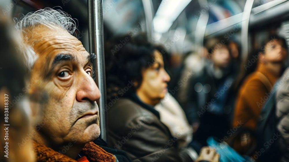 Commuters Solitude A Glazed Gaze Amidst the Crowded Subways Urban Flow
