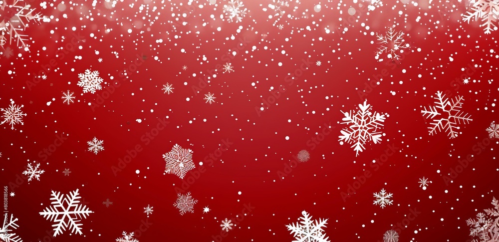 A red background adorned by falling snowflakes, capturing the essence of Christmas in a flat design
