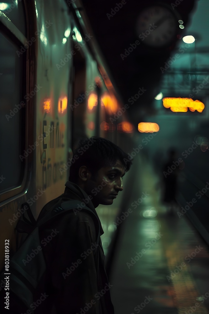 A Lonesome Traveler Haunted by Their Own Thoughts on a Foggy Train Platform at Night A Lonesome Traveler Haunted by Their Own Thoughts on a Foggy Train Platform at Night