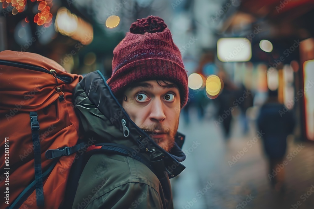 Obraz premium Frantic Traveler Desperate Search for a Lost Essential During the Journey