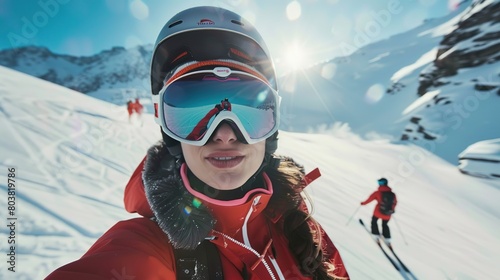 A person skiing down a snowy mountain. The person is wearing a helmet and goggles, and is smiling. There is another person skiing behind her.