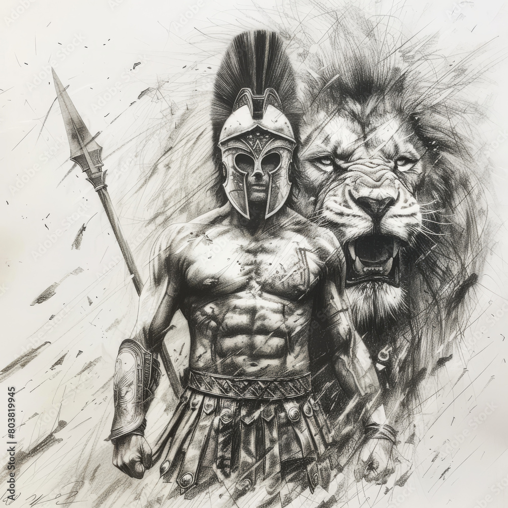 Fototapeta premium Spartan in front of a lion head pencil draw