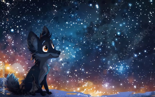 Very adorable cute wolf cartoon character in front of the Milky Way galaxy