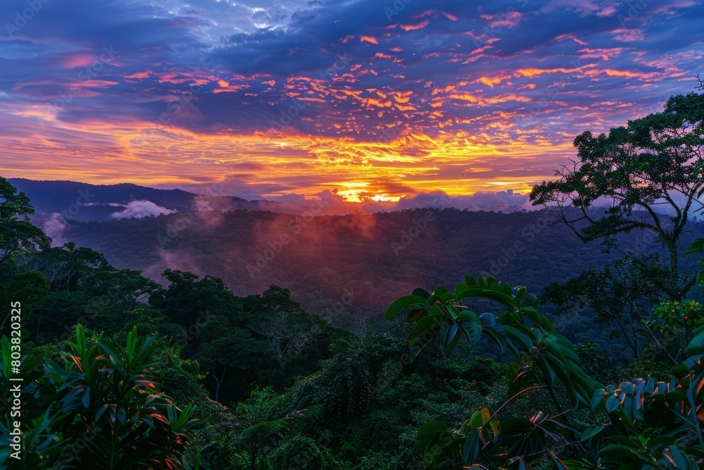Marvel at the breathtaking colors of a sunset over the rainforest, where the sky is painted in hues of orange, pink, and purple as the day, Generative AI Marvel at the breathtaking colors of a sunset over the rainforest, where the sky is painted in hues of orange, pink, and purple as the day, Generative AI