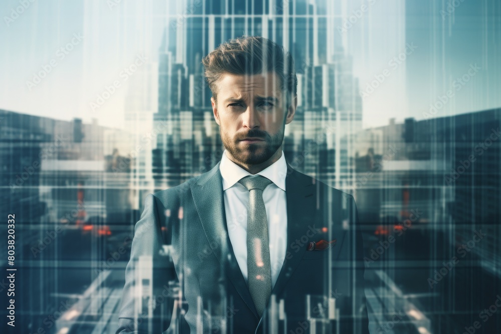 Fototapeta premium The double exposure image of the business man standing back during overlay with cityscape. Generative AI.