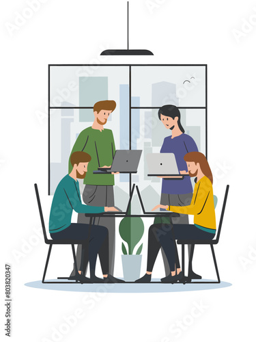 Vector Illustration of a Team of Employees Working on Laptops in a Shared Workspace Environment, Vector Art