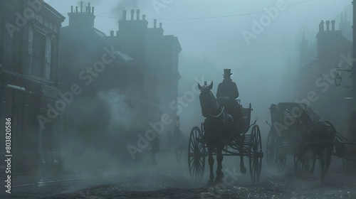 Detective Pursues Mystery Aboard HorseDrawn Carriage Through Foggy Noir City Streets photo