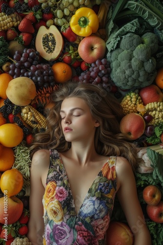 Young woman dressed in a dress lies among vegetables and fruits. Vegetarian food concept. Generative AI.