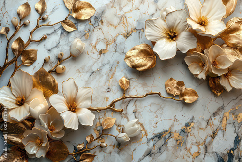 3D marble floral background with gold leaves and flowers. Created with Ai   