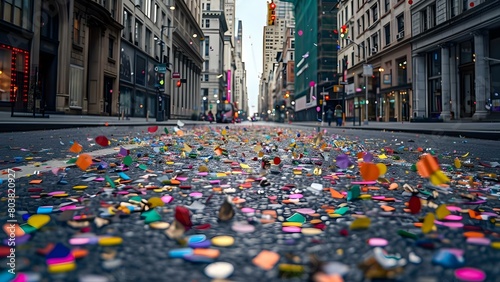 Colorful confetti decorates morning city street after festive night. Concept Cityscape, Morning Light, Festive Atmosphere, Confetti, Streetscape