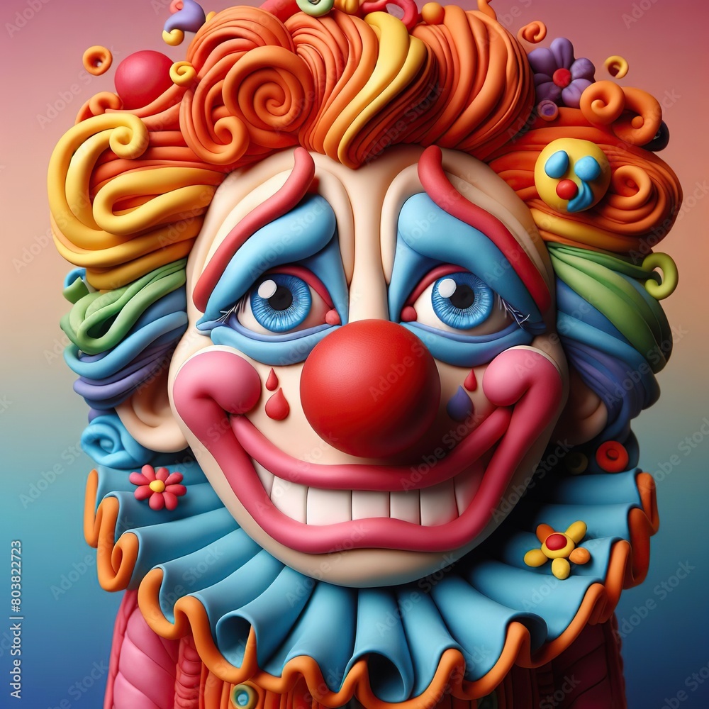Obraz premium Clown head, bright multicolored, emotion of regret, blue and pink background, 3D