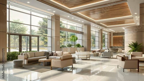 Contemporary hospital lobby with stylish and comfortable seating, designed for patient comfort and ease photo