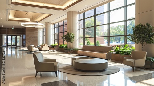 Contemporary hospital lobby with stylish and comfortable seating  designed for patient comfort and ease